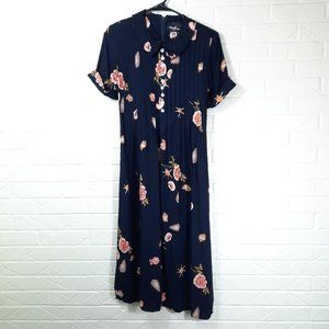 Retro 90's Positive Attitude Navy Flowers & Seashells Print Cottagecore Dress 6P
